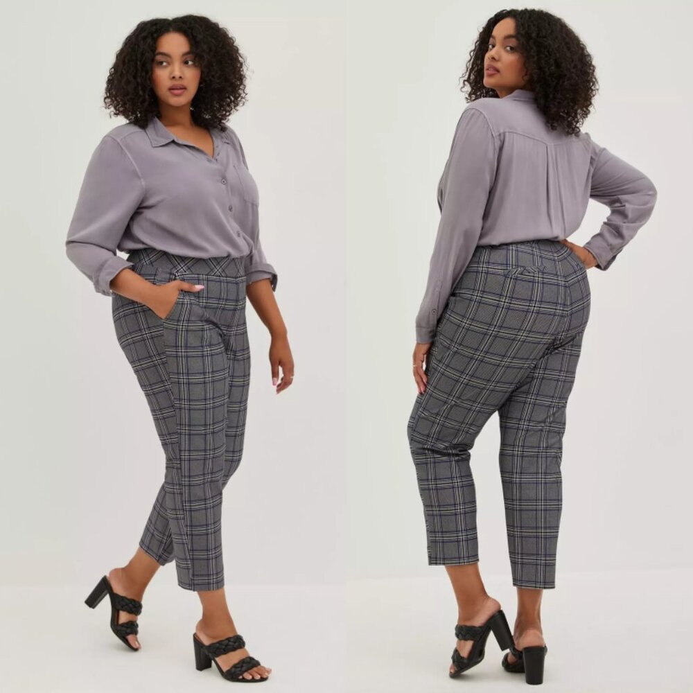 torrid Gray Plaid Cropped Trousers with Lavender Blouse